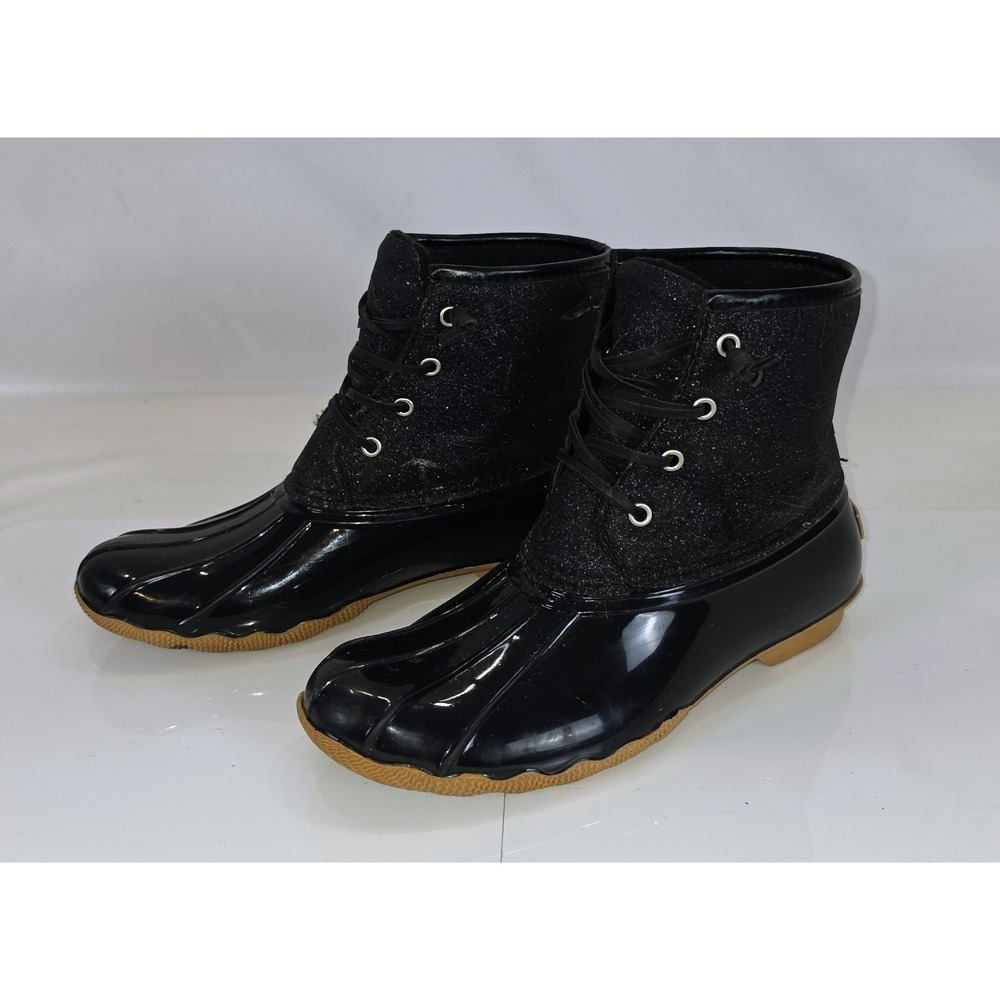 London Fog Wilde Women's Duck Boots Size 8M Black Glitter Waterproof Rain Shoes